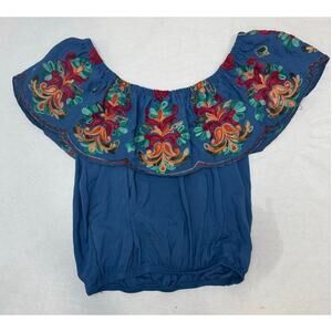 Boho Surf Gypsy Embroidered Floral Off Shoulder Ruffle Shirt NWOT Medium